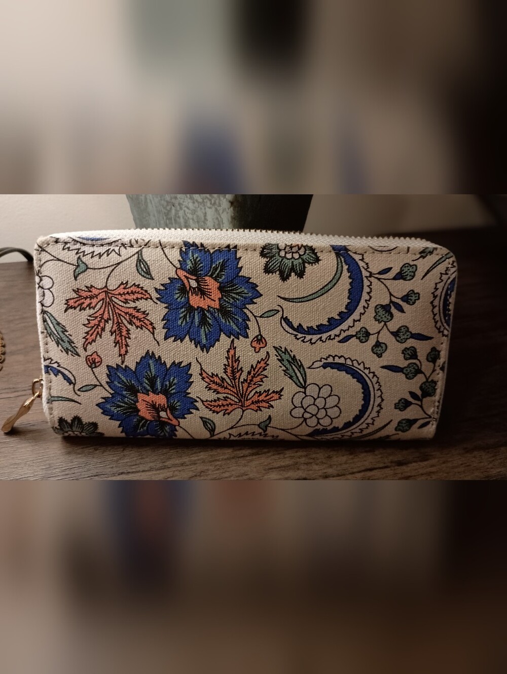Floral Canvas Wallet— Blue & Cream